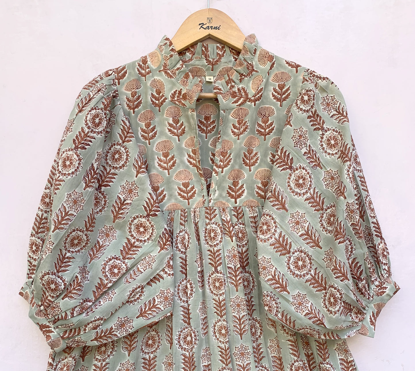 indian gray brown floral hand block printed women's maxi dress