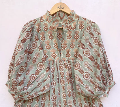 indian gray brown floral hand block printed women's maxi dress