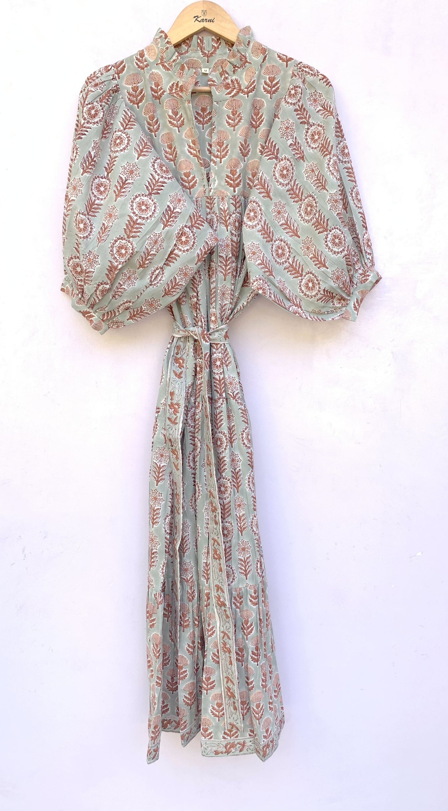 indian gray brown floral hand block printed women's maxi dress
