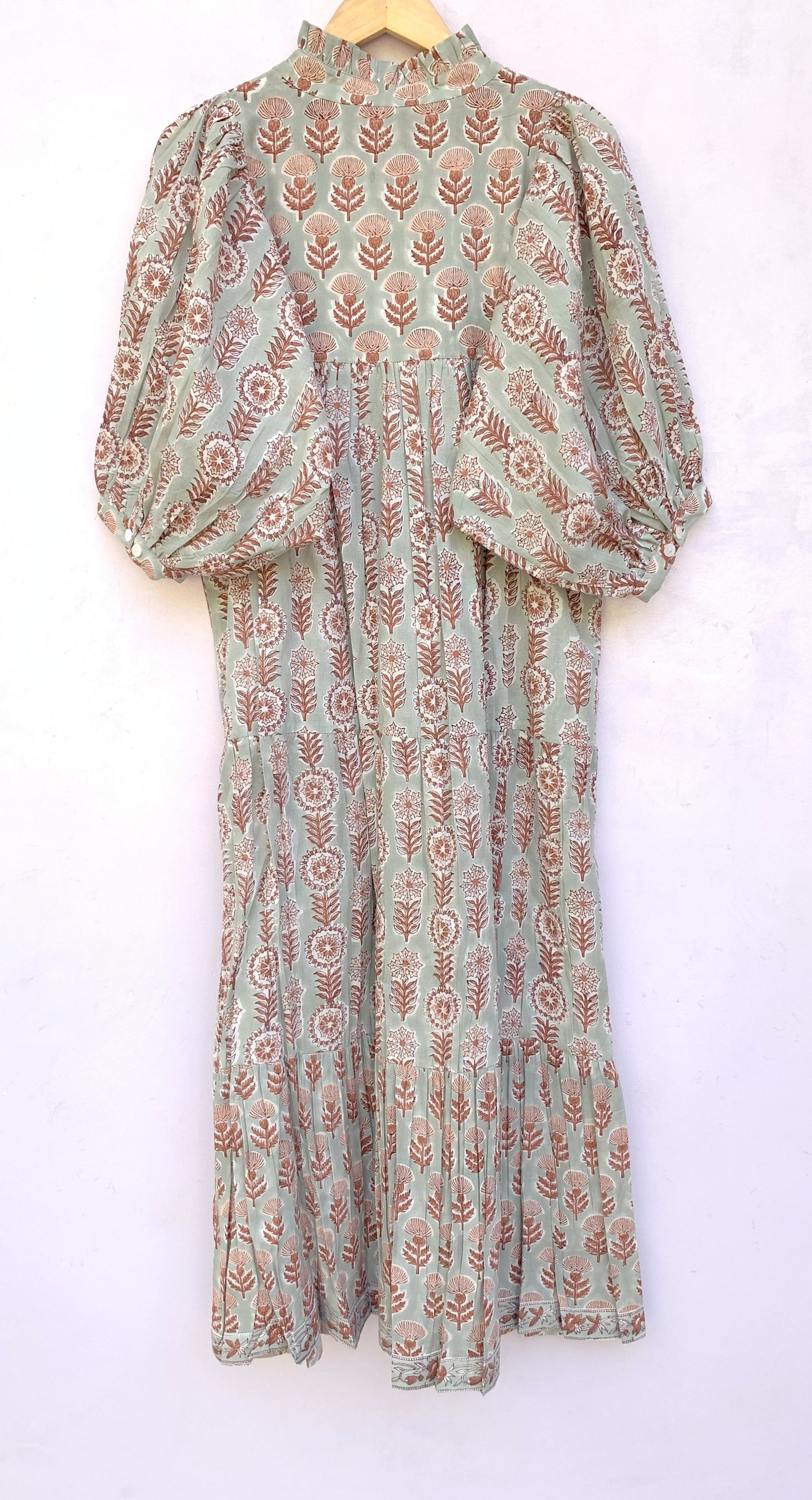 indian gray brown floral hand block printed women's maxi dress