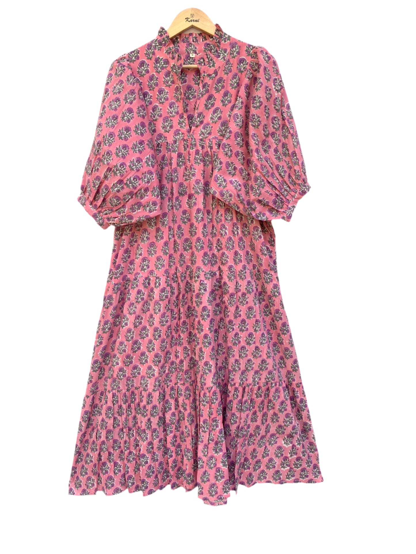 pink green floral hand block printed women's maxi dress