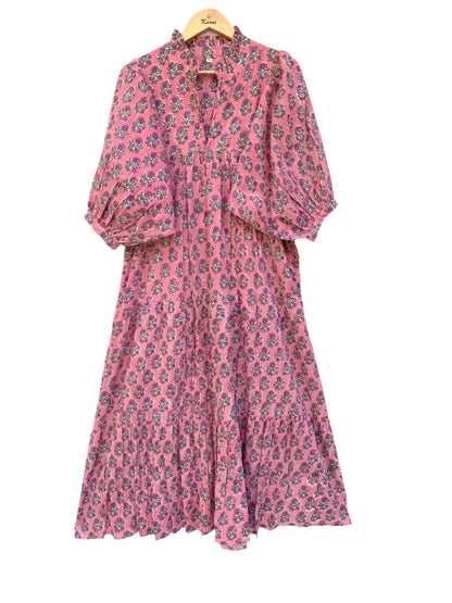 pink green floral hand block printed women's maxi dress