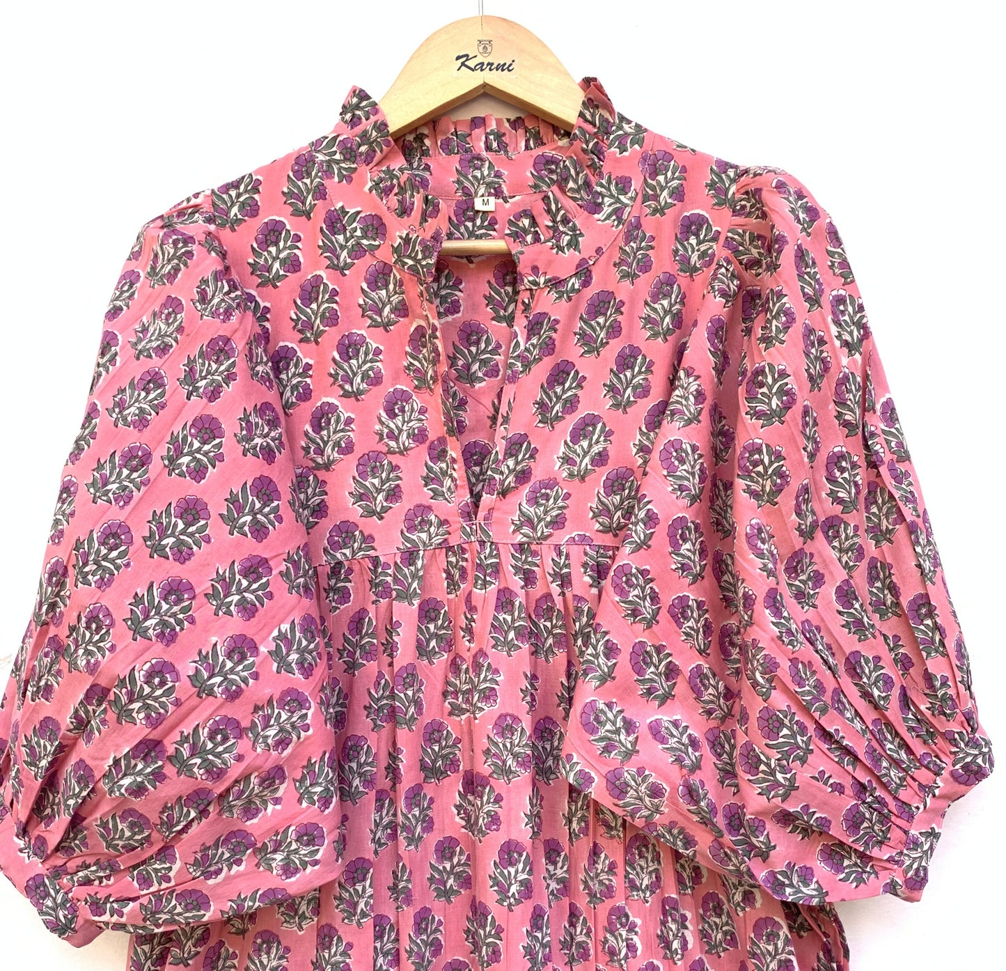 pink green floral hand block printed women's maxi dress