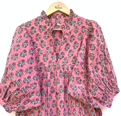 pink green floral hand block printed women's maxi dress