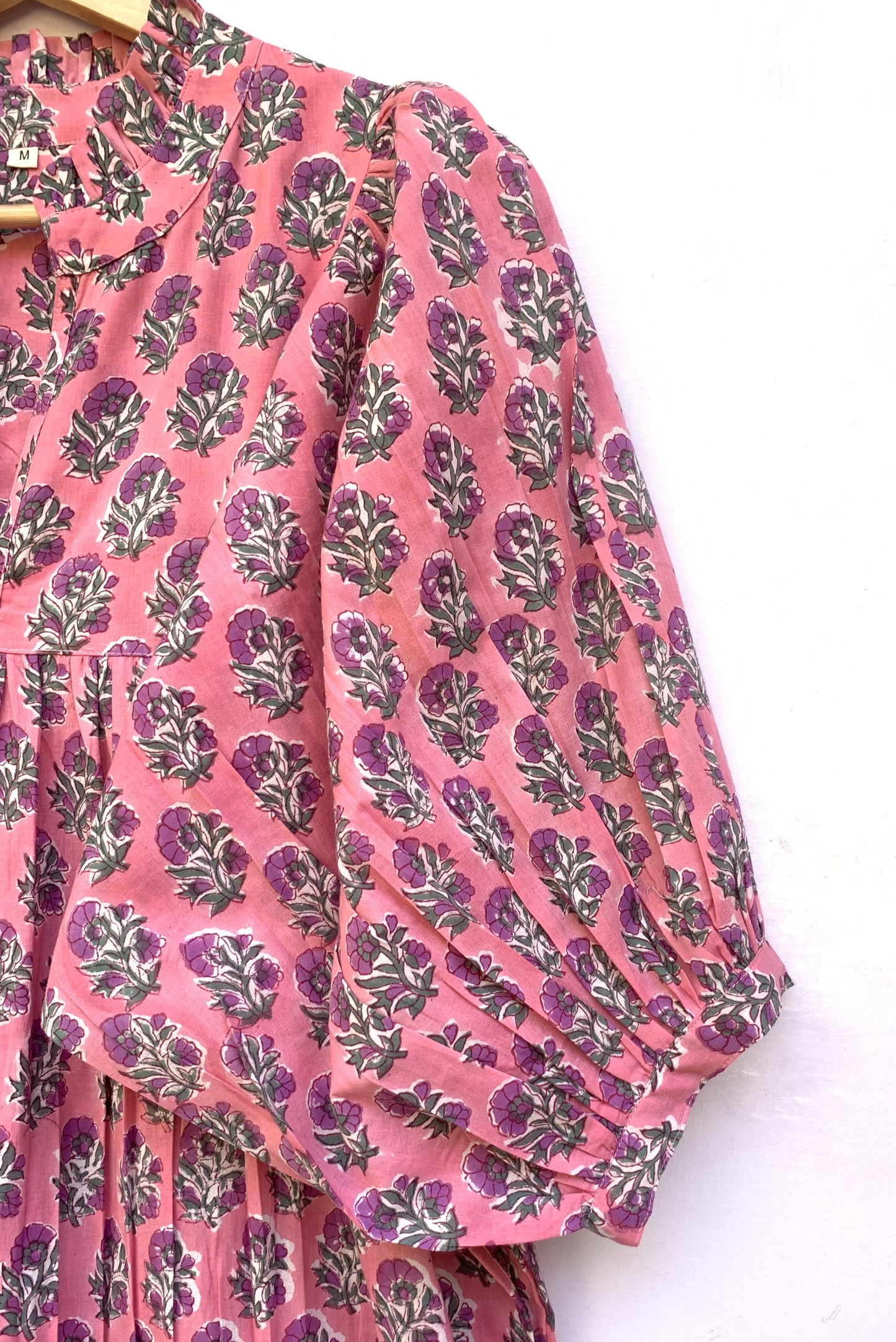 pink green floral hand block printed women's maxi dress