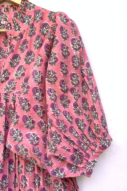 pink green floral hand block printed women's maxi dress