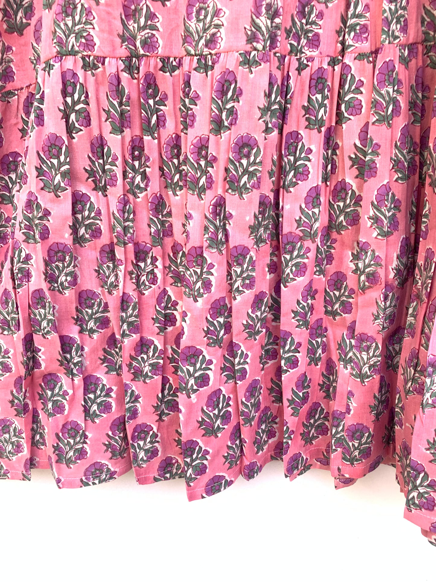 pink green floral hand block printed women's maxi dress