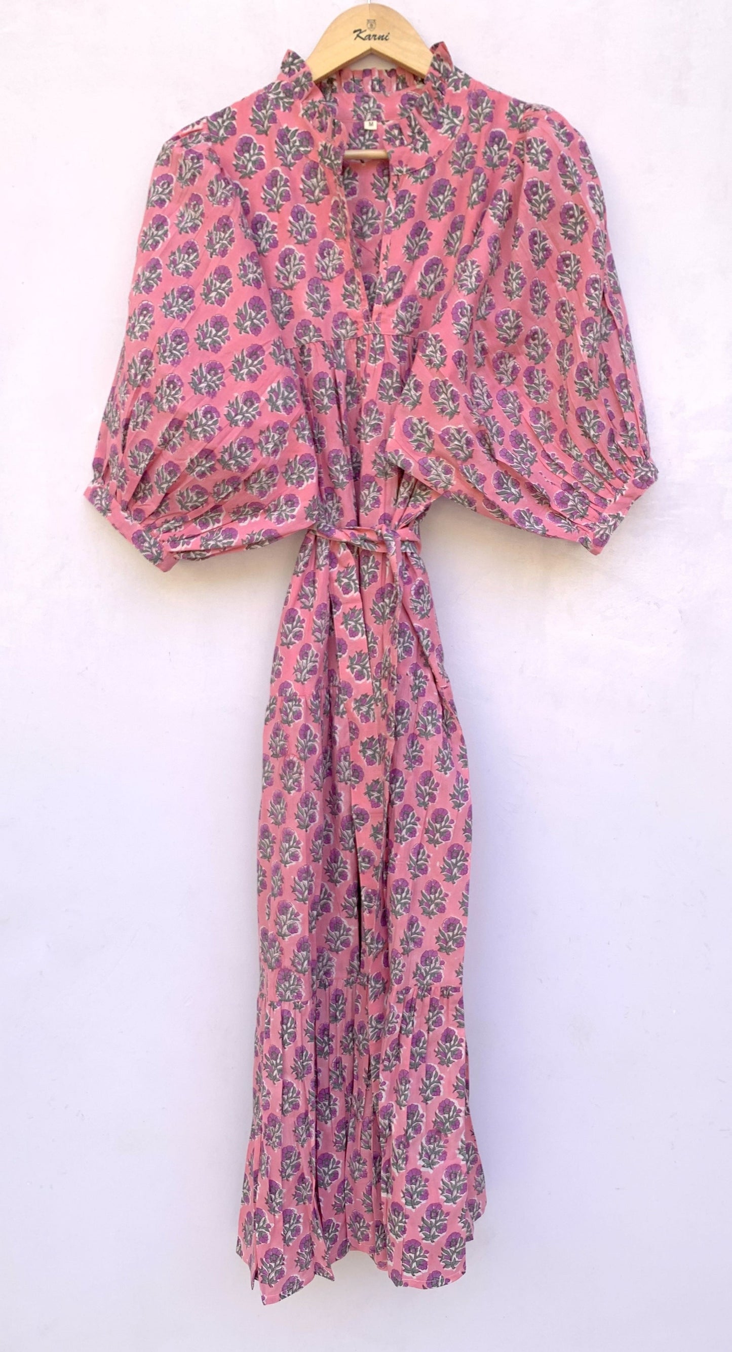 pink green floral hand block printed women's maxi dress