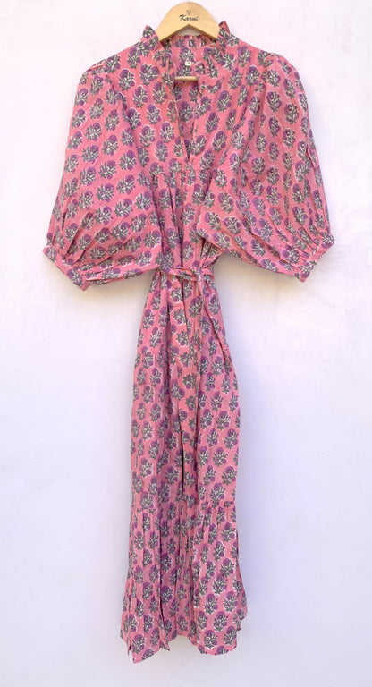 pink green floral hand block printed women's maxi dress
