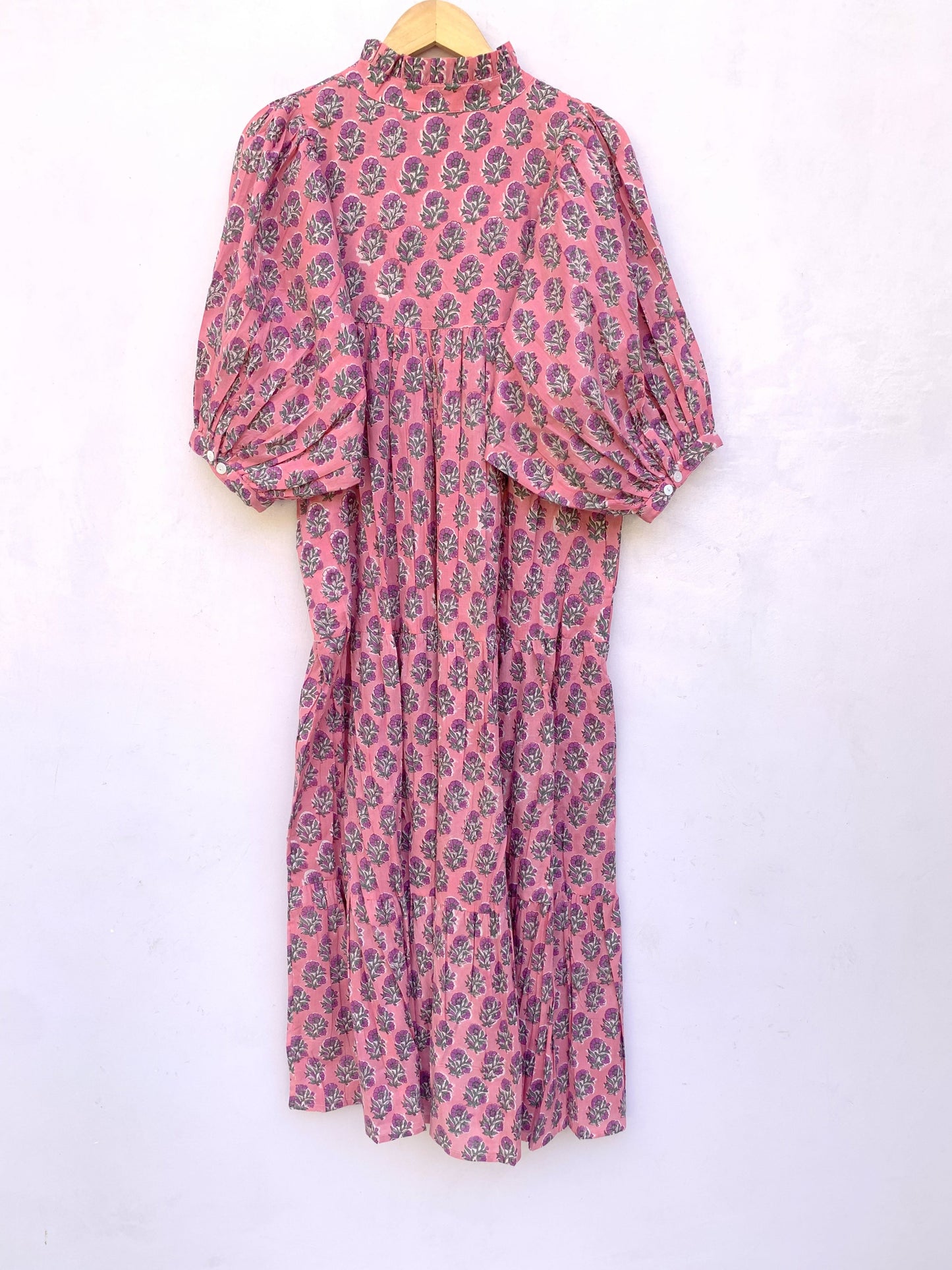 pink green floral hand block printed women's maxi dress
