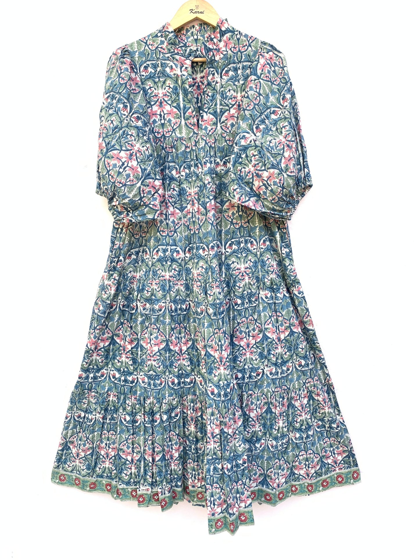 cotton green red floral hand block printed women's maxi dress