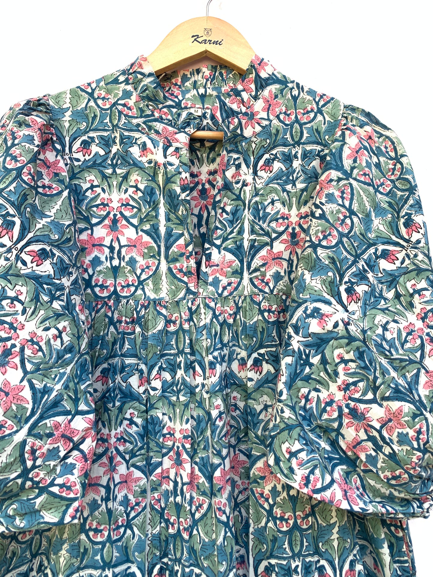 cotton green red floral hand block printed women's maxi dress