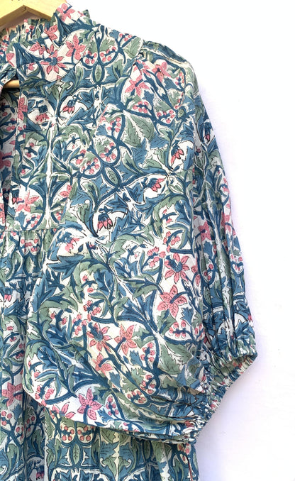cotton green red floral hand block printed women's maxi dress