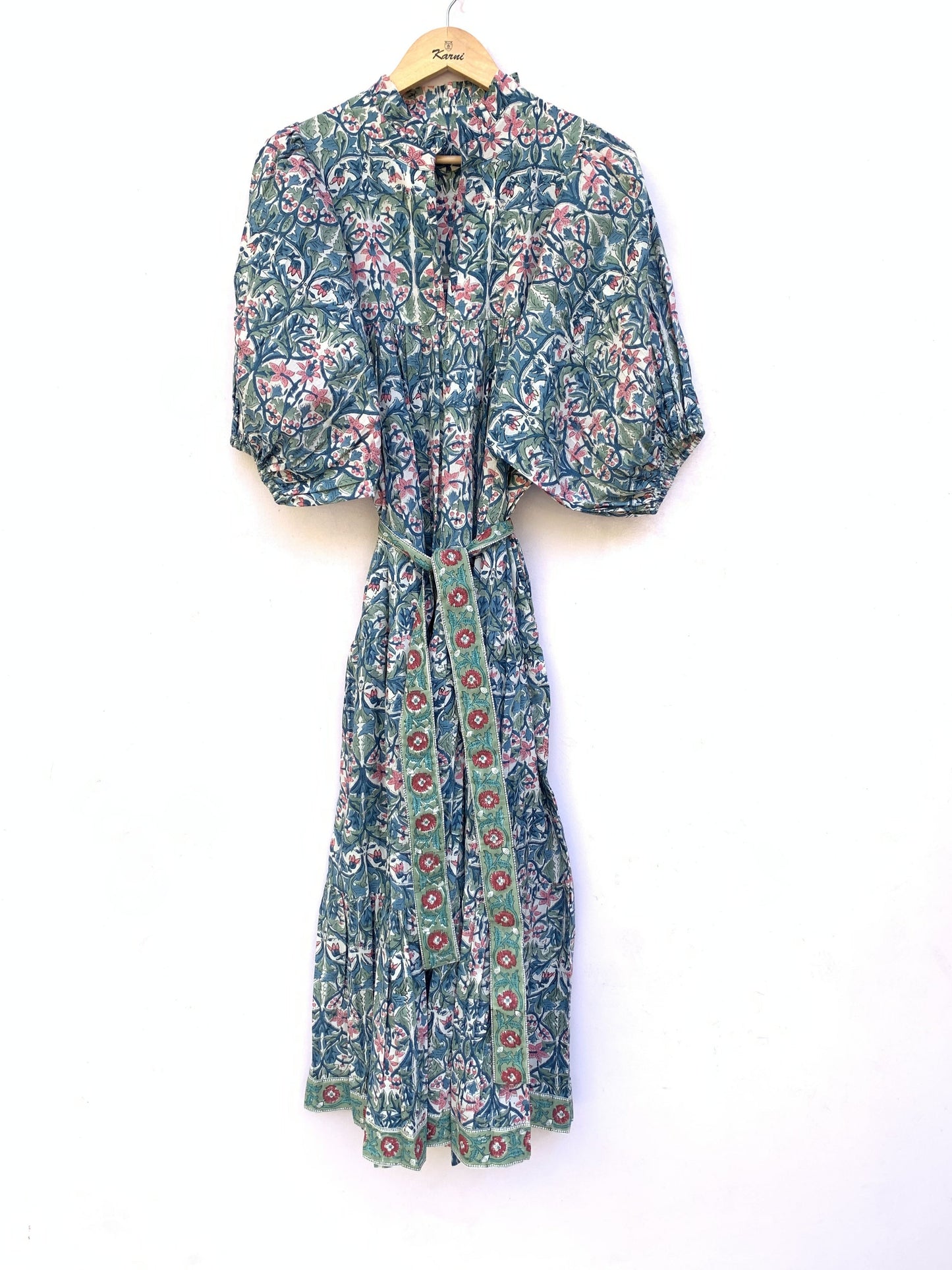 cotton green red floral hand block printed women's maxi dress