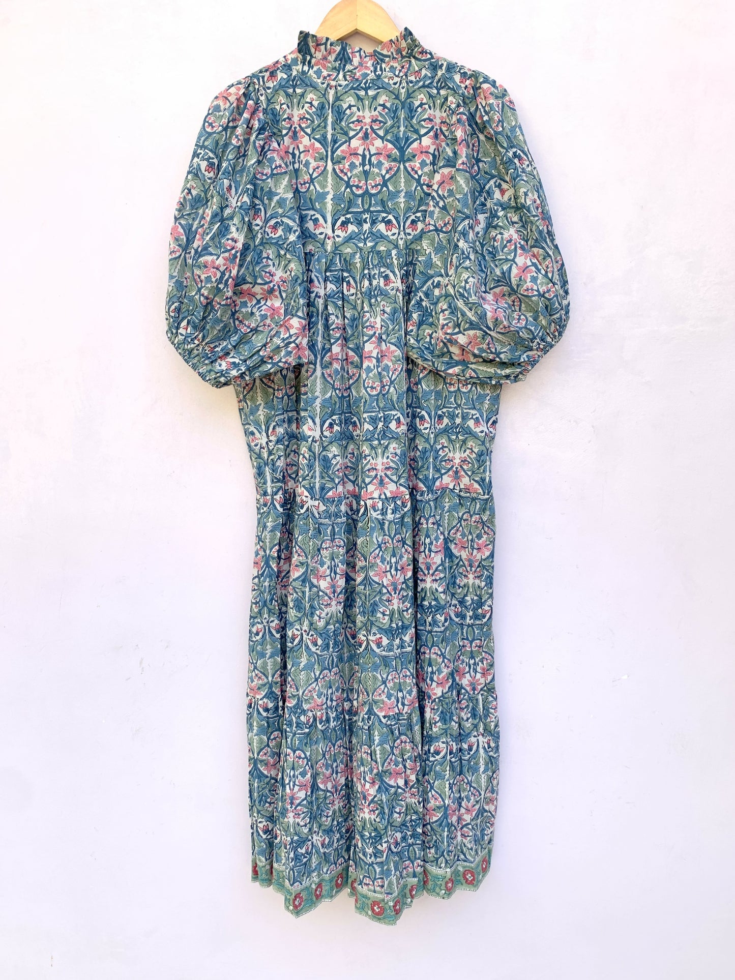 cotton green red floral hand block printed women's maxi dress