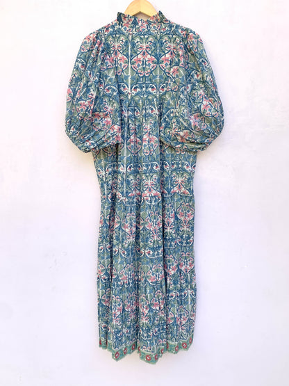 cotton green red floral hand block printed women's maxi dress