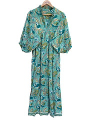 green daffodil floral block printed maxi dress