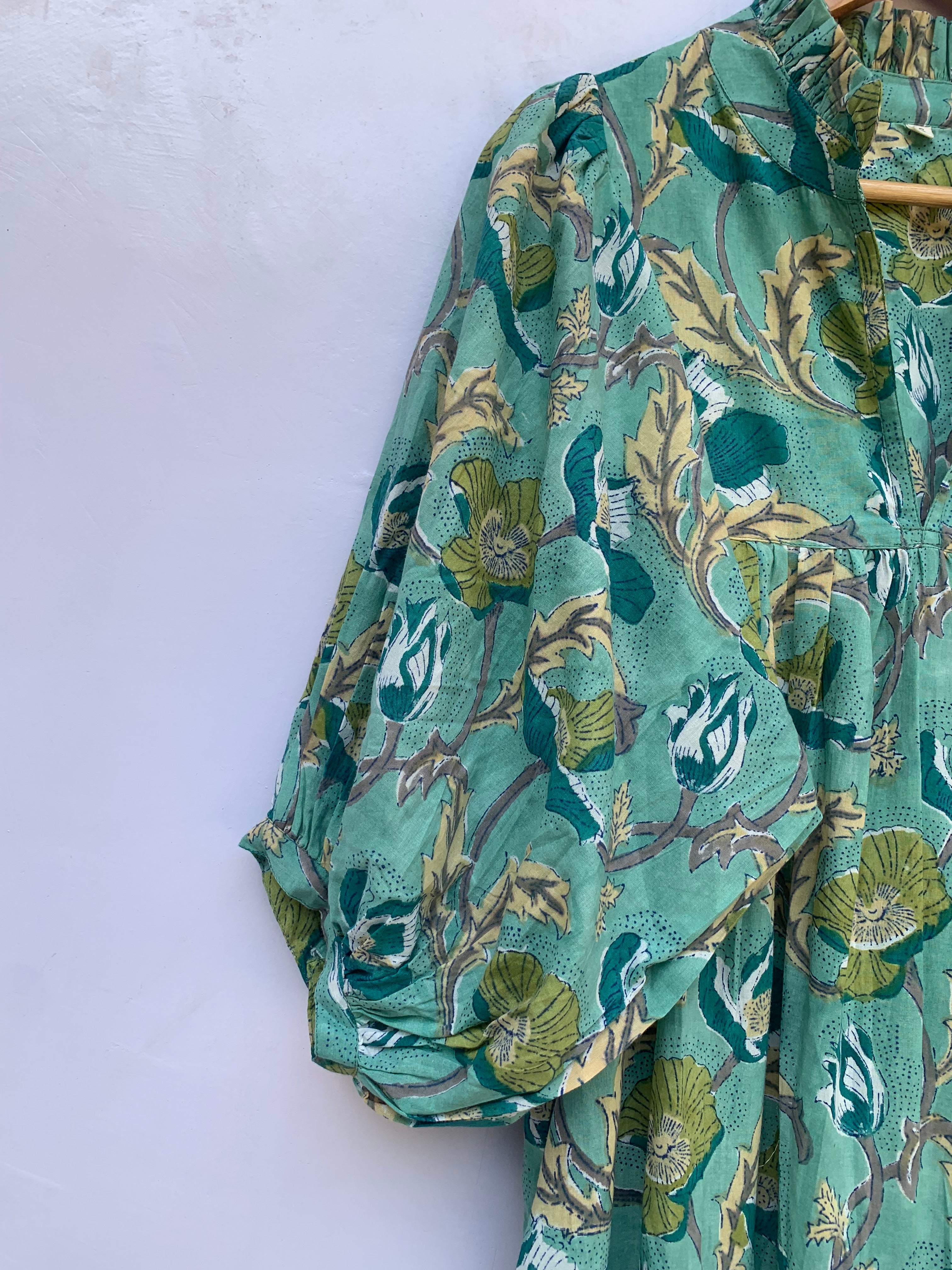 green daffodil floral block printed maxi dress