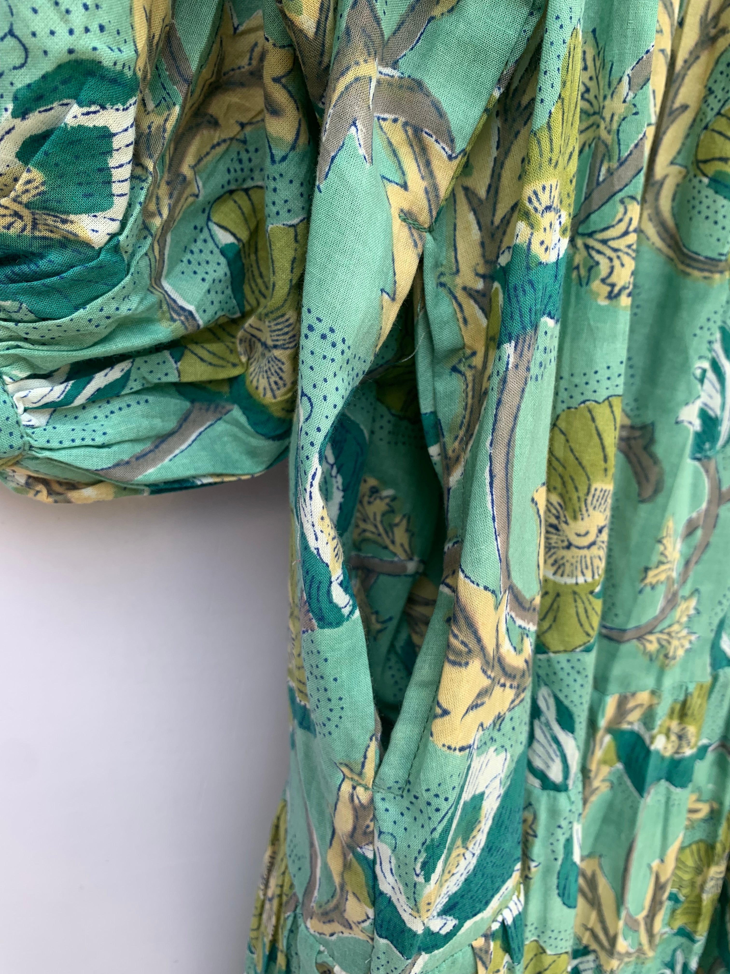 green daffodil floral block printed maxi dress