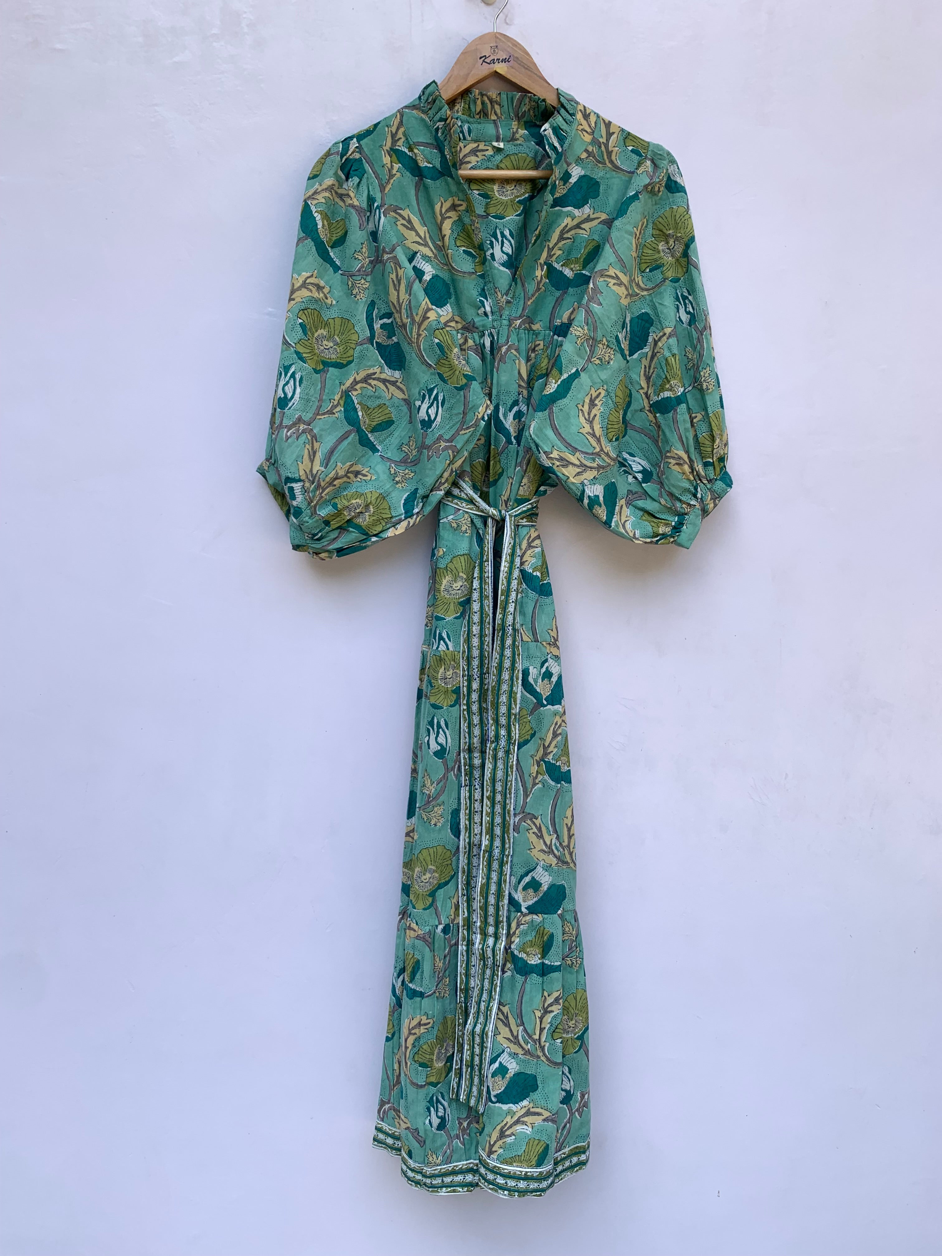 green daffodil floral block printed maxi dress