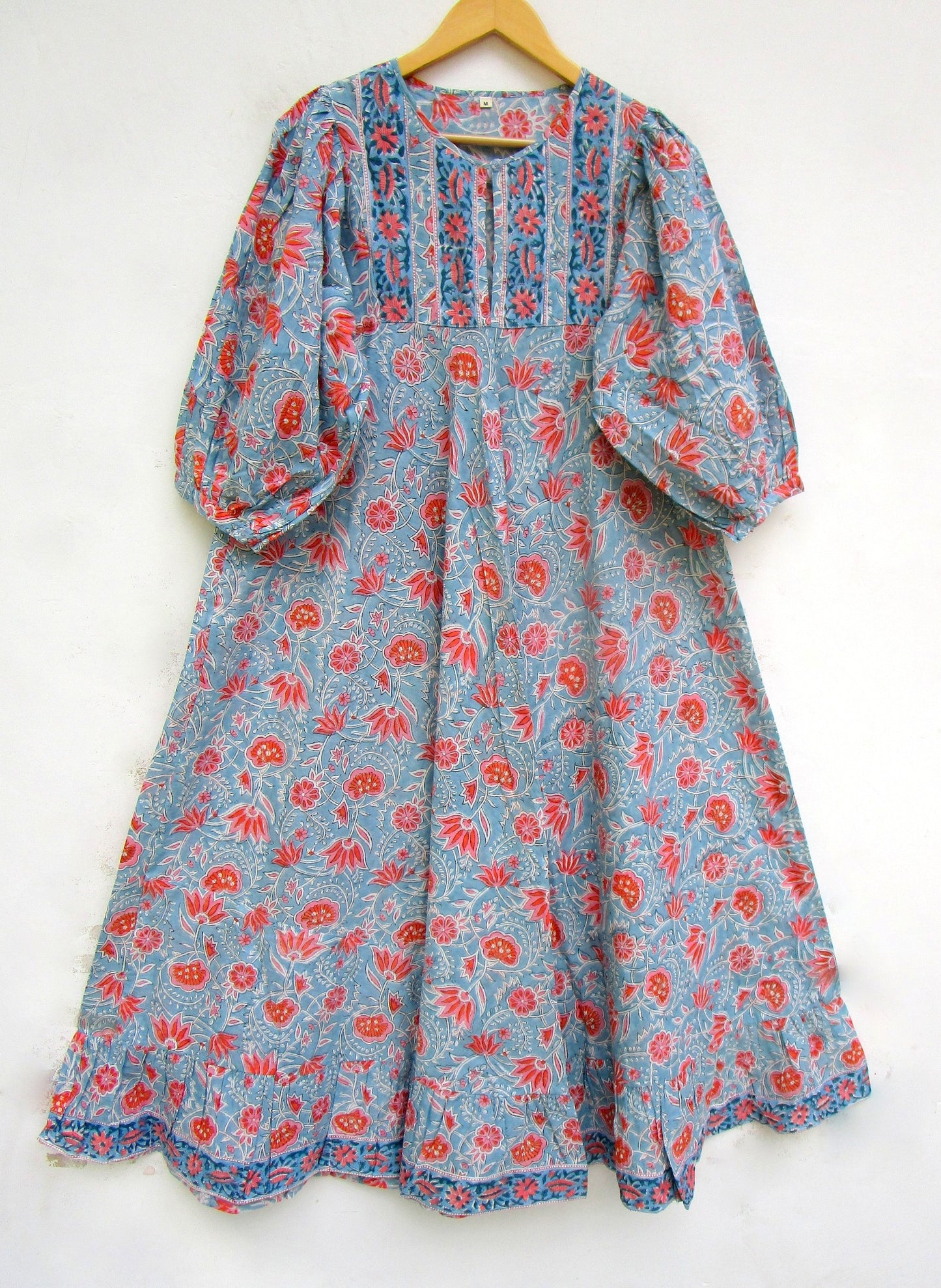 Blue Coral Floral Hand Block Print Cotton Maxi Dress – Boho Tiered Puff Sleeve Dress