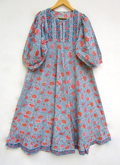Blue Coral Floral Hand Block Print Cotton Maxi Dress – Boho Tiered Puff Sleeve Dress