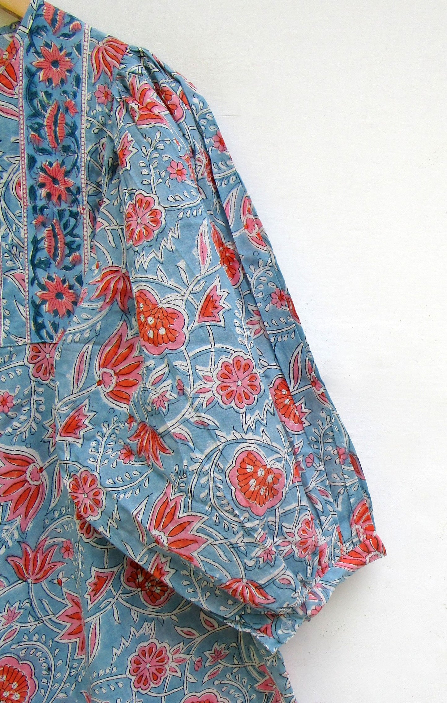 Blue Coral Floral Hand Block Print Cotton Maxi Dress – Boho Tiered Puff Sleeve Dress