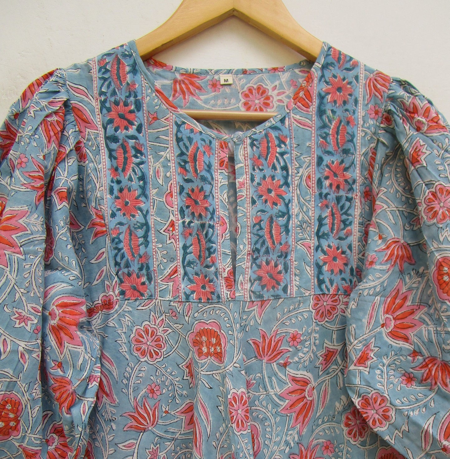 Blue Coral Floral Hand Block Print Cotton Maxi Dress – Boho Tiered Puff Sleeve Dress