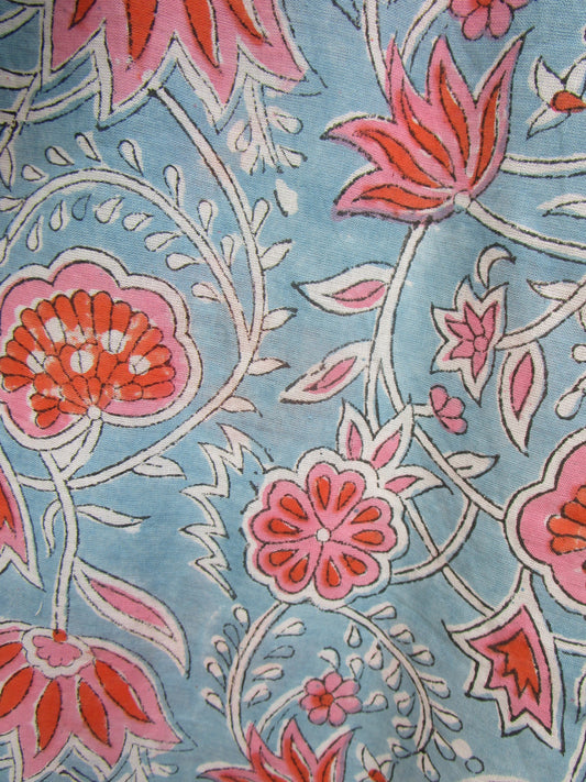 Blue Coral Floral Hand Block Print Cotton Maxi Dress – Boho Tiered Puff Sleeve Dress