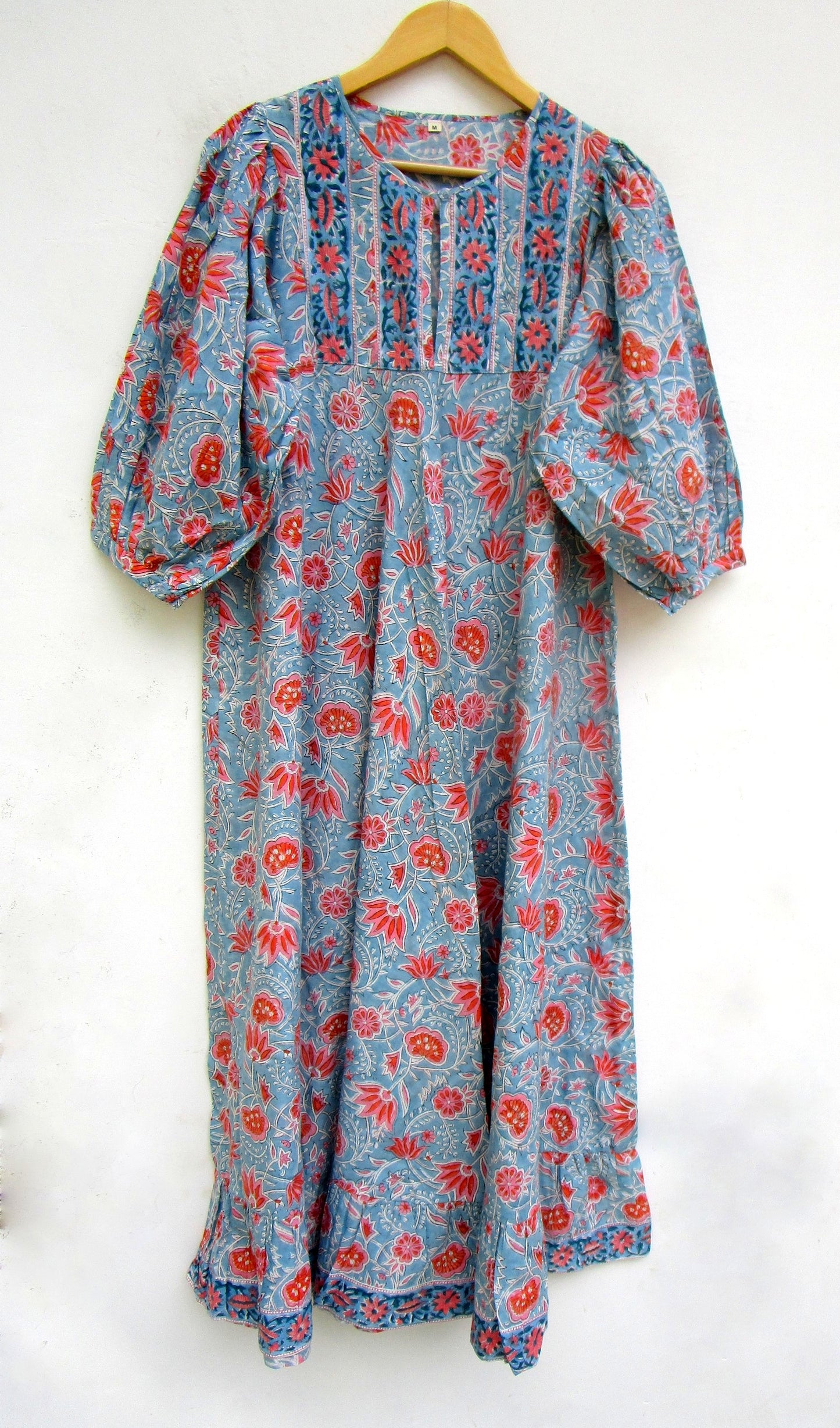 Blue Coral Floral Hand Block Print Cotton Maxi Dress – Boho Tiered Puff Sleeve Dress