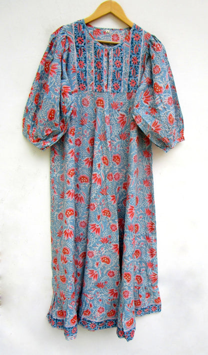 Blue Coral Floral Hand Block Print Cotton Maxi Dress – Boho Tiered Puff Sleeve Dress