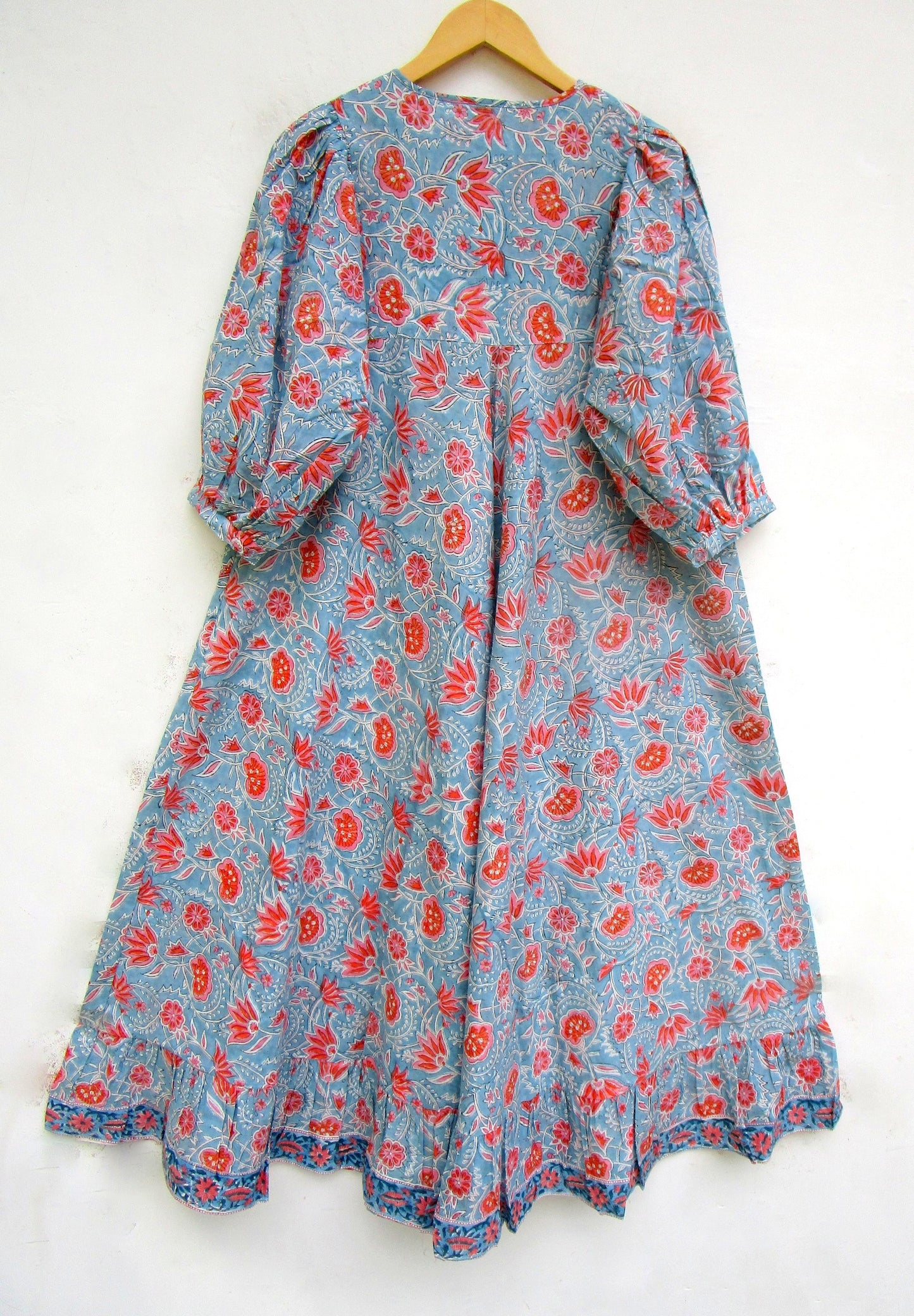 Blue Coral Floral Hand Block Print Cotton Maxi Dress – Boho Tiered Puff Sleeve Dress