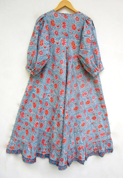 Blue Coral Floral Hand Block Print Cotton Maxi Dress – Boho Tiered Puff Sleeve Dress