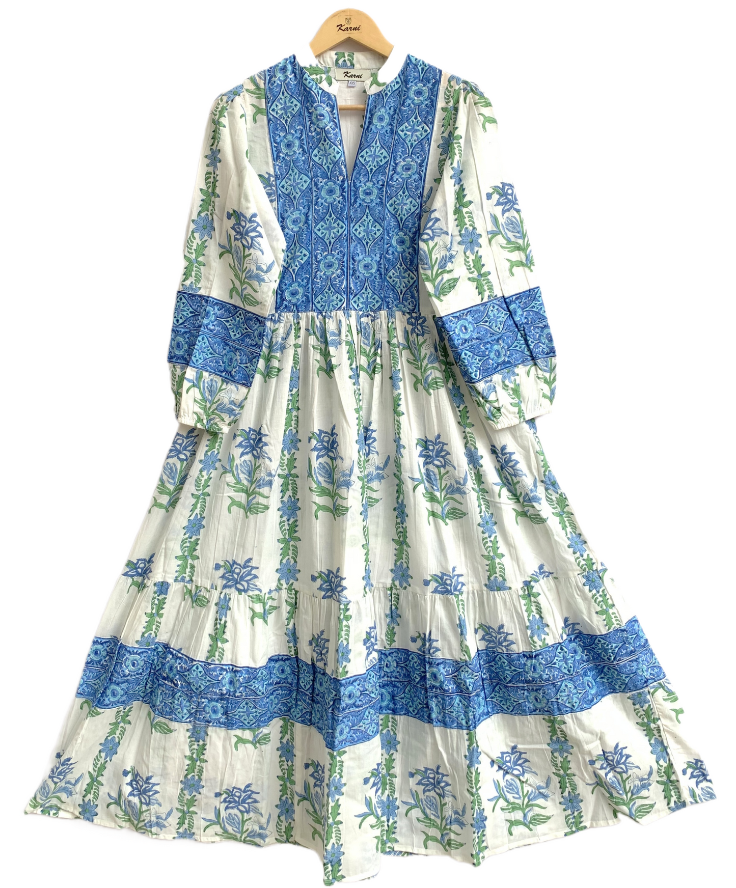 Blue Floral Hand Block Printed Cotton Maxi Dress – Boho Tiered Long Sleeve Dress