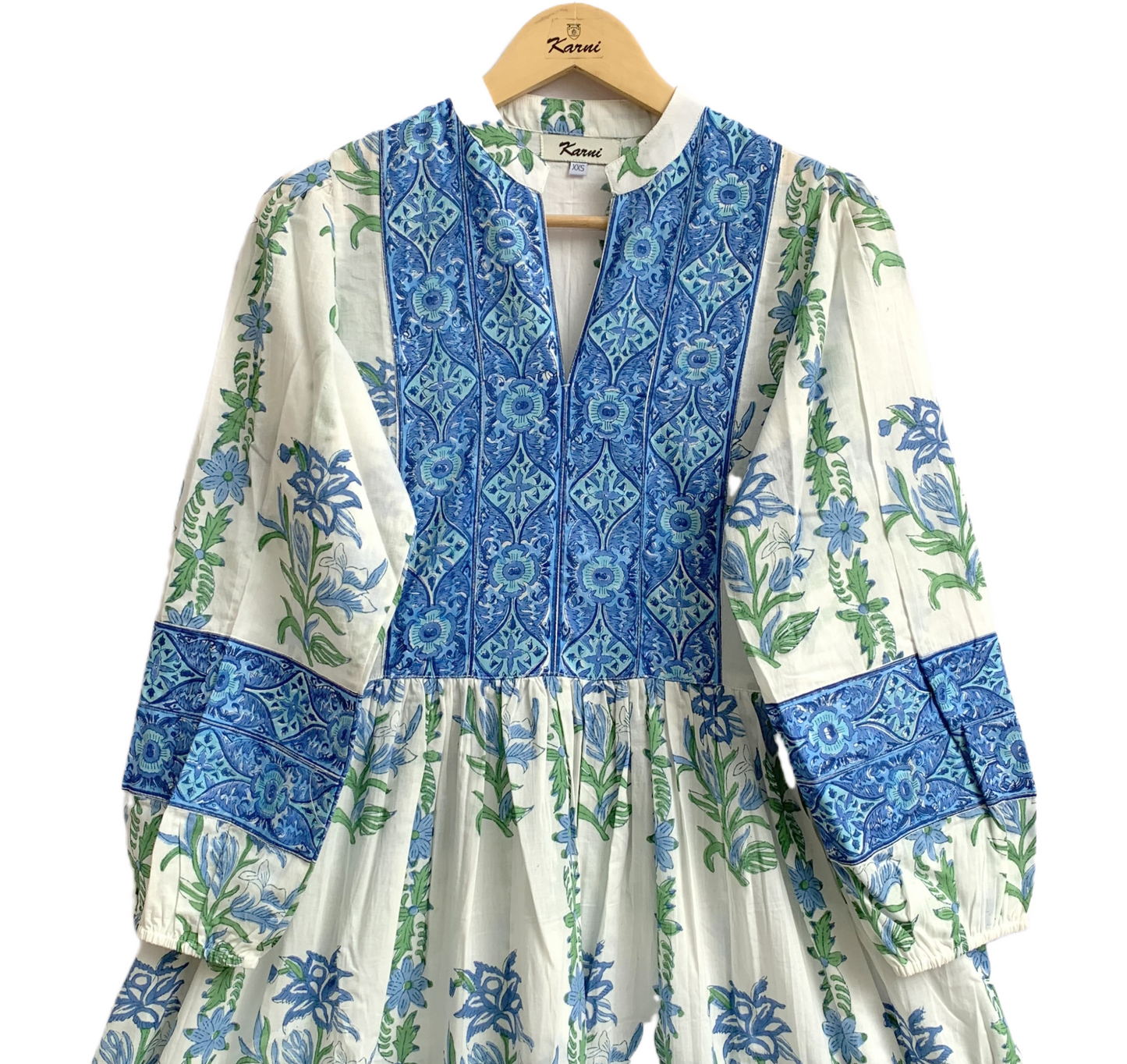 Blue Floral Hand Block Printed Cotton Maxi Dress – Boho Tiered Long Sleeve Dress