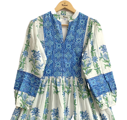 Blue Floral Hand Block Printed Cotton Maxi Dress – Boho Tiered Long Sleeve Dress