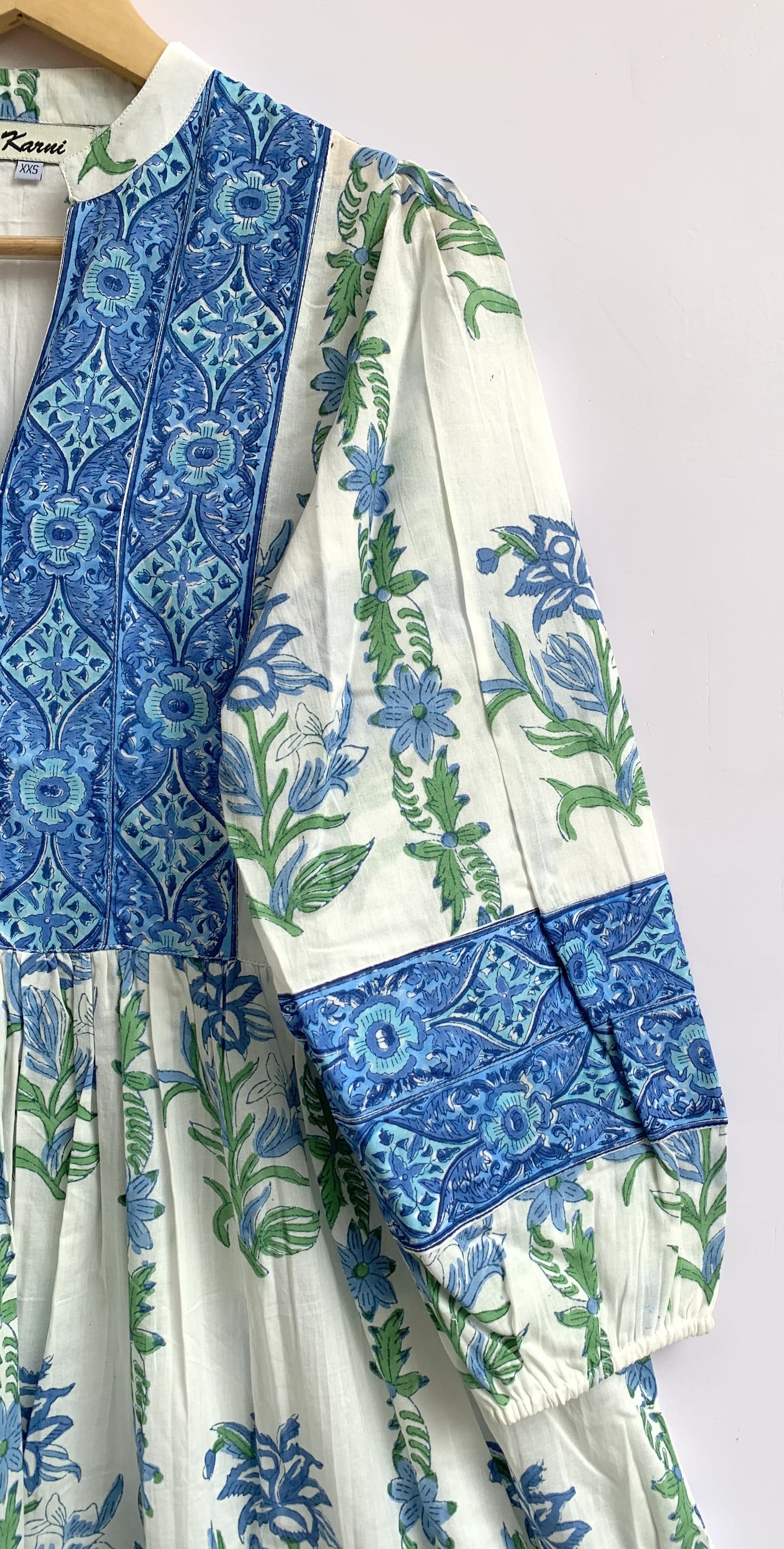 Blue Floral Hand Block Printed Cotton Maxi Dress – Boho Tiered Long Sleeve Dress