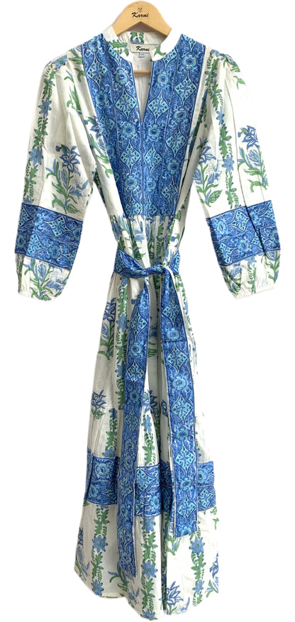 Blue Floral Hand Block Printed Cotton Maxi Dress – Boho Tiered Long Sleeve Dress