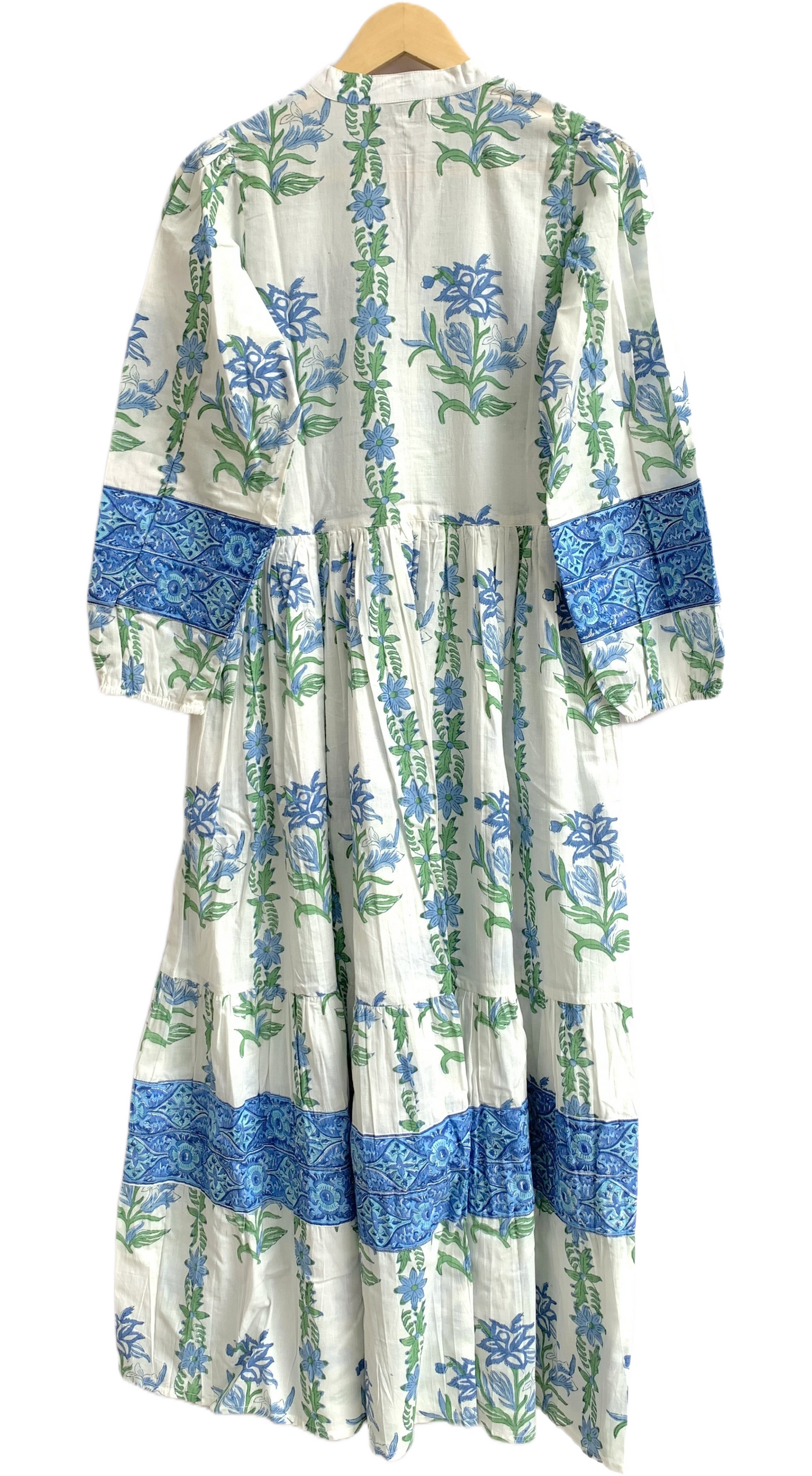 Blue Floral Hand Block Printed Cotton Maxi Dress – Boho Tiered Long Sleeve Dress