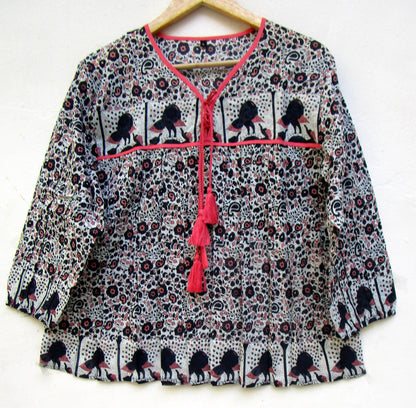 black small flower print blouse with tassels