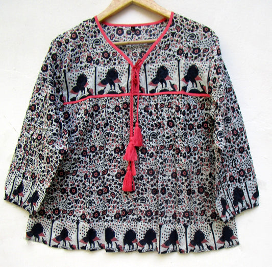 black small flower print blouse with tassels