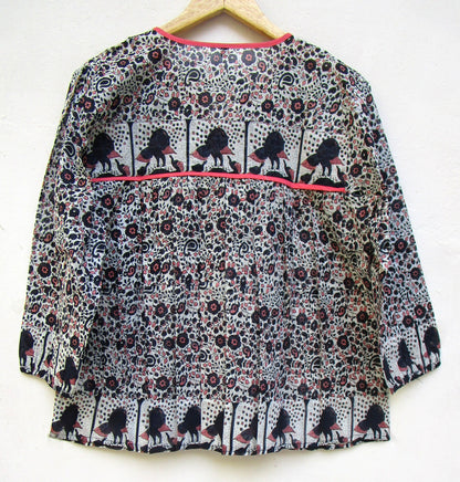 black small flower print blouse with tassels