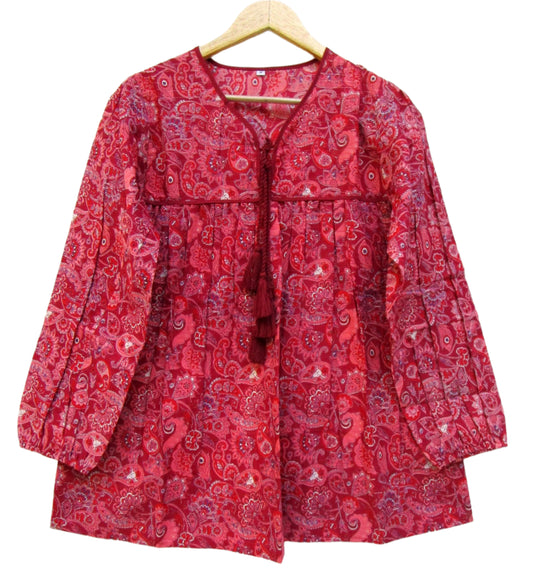 pretty red indian print womens blouse with tassels