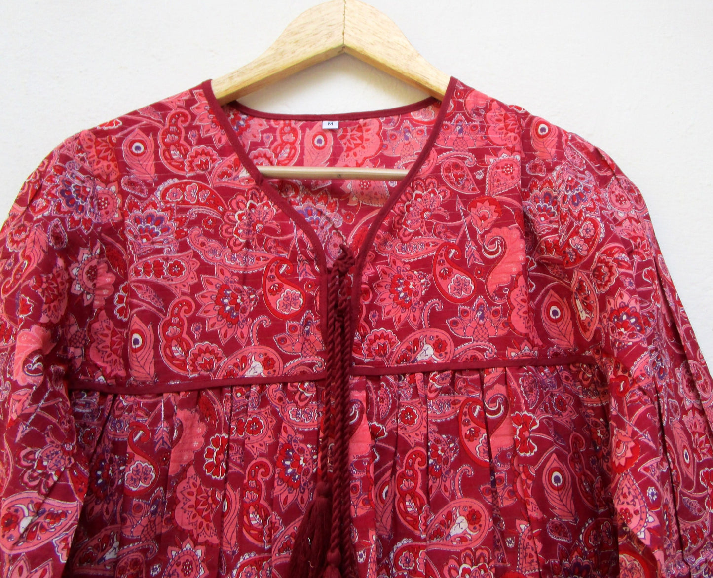 pretty red indian print womens blouse with tassels