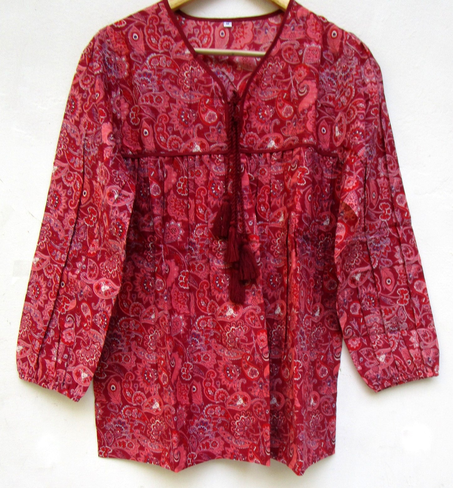 pretty red indian print womens blouse with tassels