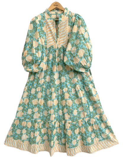 Sea Green Floral Hand Block Printed Cotton Maxi Dress – Boho Puff Sleeve Dress