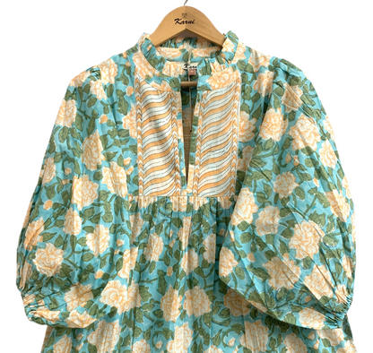 Sea Green Floral Hand Block Printed Cotton Maxi Dress – Boho Puff Sleeve Dress