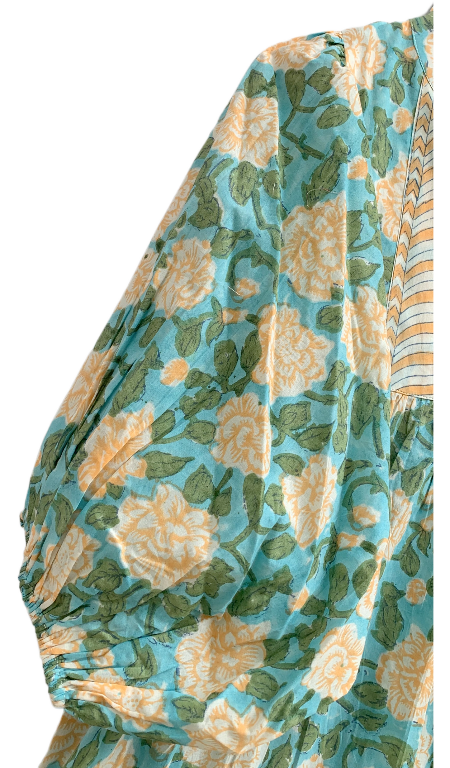 Sea Green Floral Hand Block Printed Cotton Maxi Dress – Boho Puff Sleeve Dress