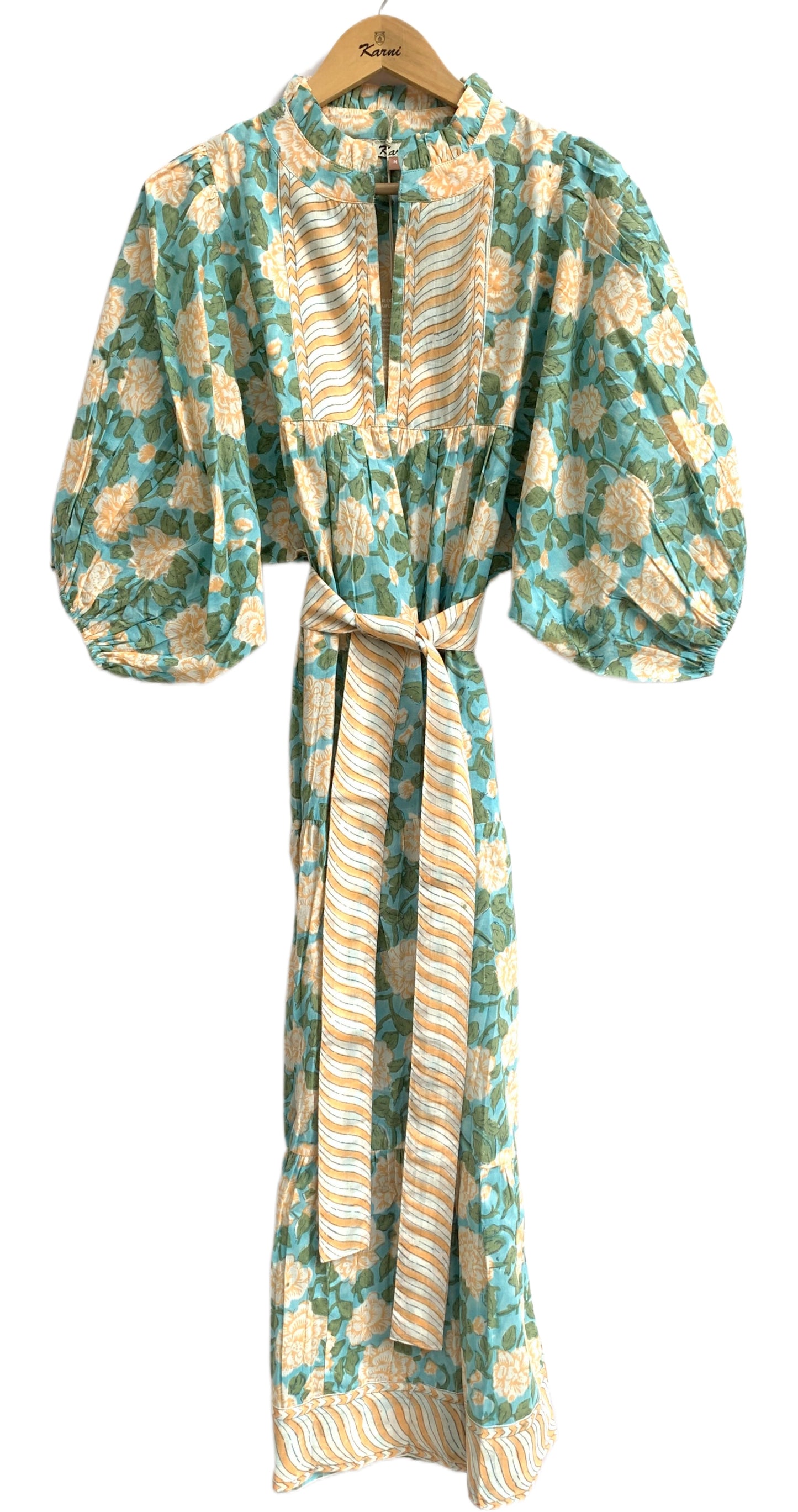 Sea Green Floral Hand Block Printed Cotton Maxi Dress – Boho Puff Sleeve Dress