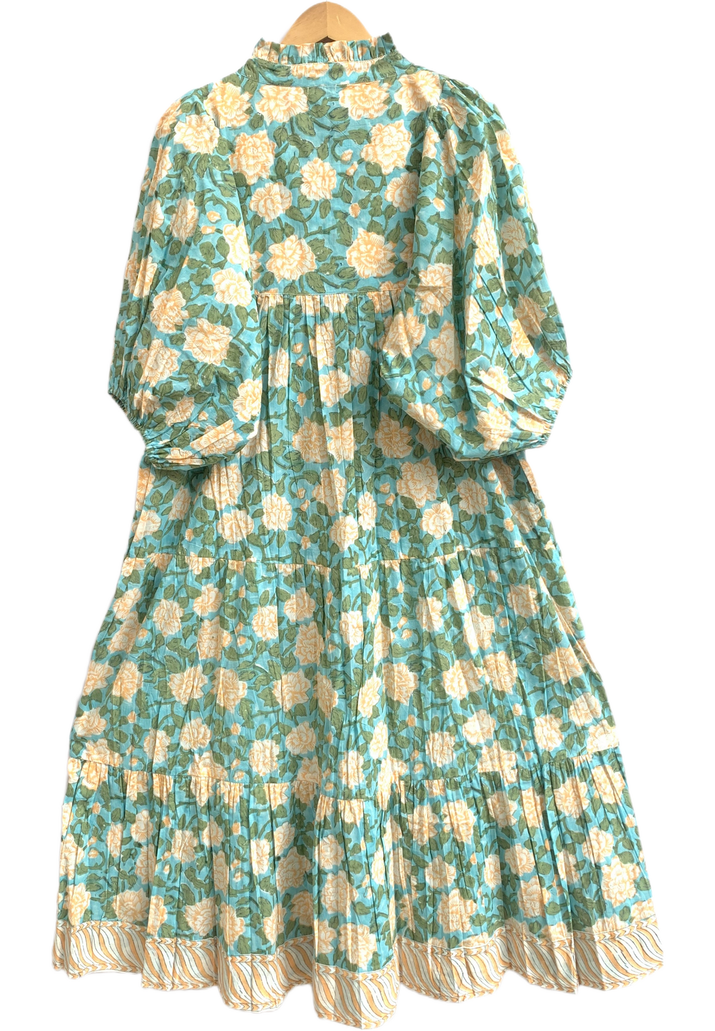 Sea Green Floral Hand Block Printed Cotton Maxi Dress – Boho Puff Sleeve Dress